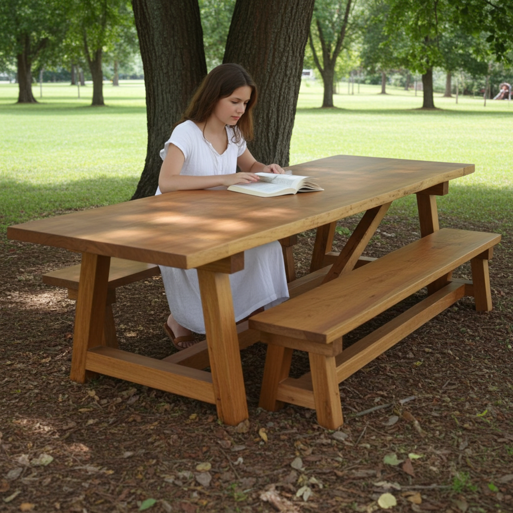 Rustic Slab Farmhouse Table with Matching Benches