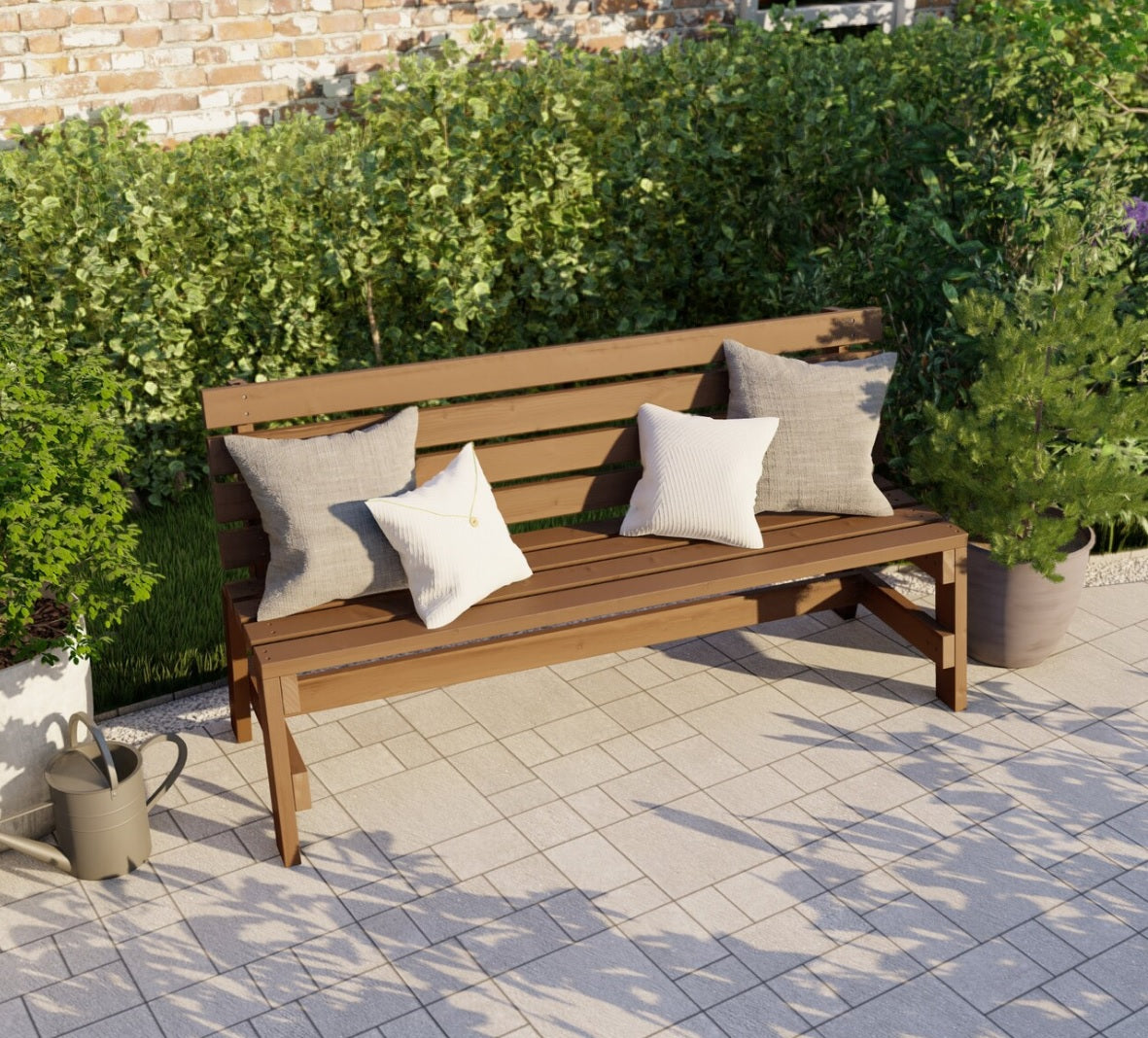 Modern garden bench seat stained brown with tan and white cushions | Wooden outdoor furniture NZ