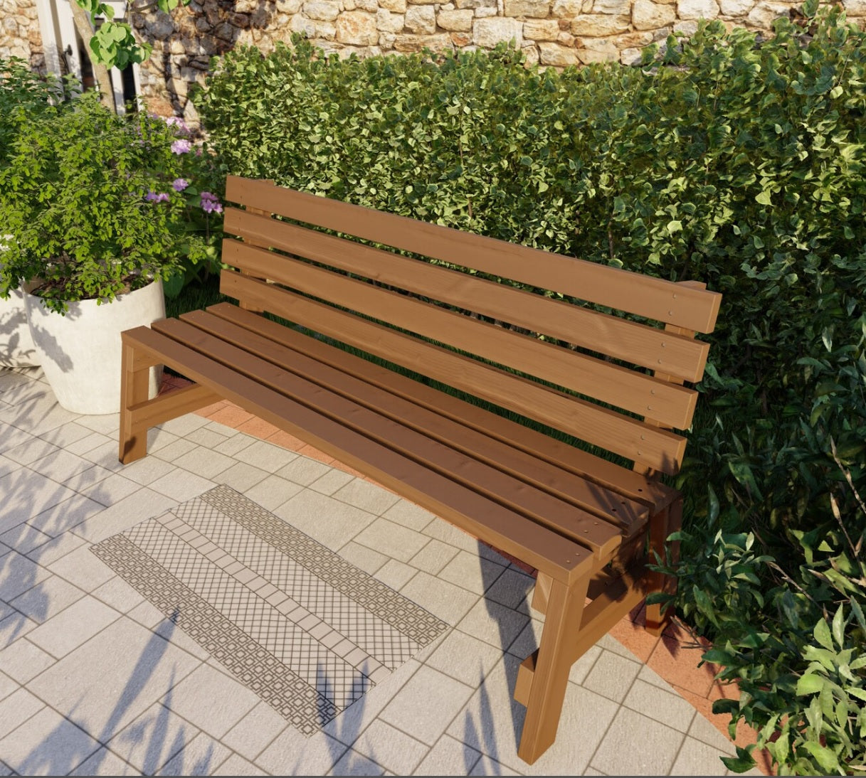 Afternoon sun falling over a modern garden bench seat stained brown. For sale now in NZ | Wooden outdoor furniture NZ